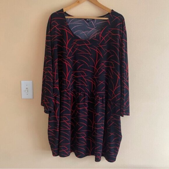 Ulla Popken Tunic Women's Size 36/38 Black Geometric Pockets Stretch Round Neck - Picture 2 of 13